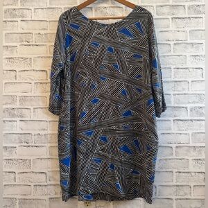 Women’s Escapada Black, white and blue geometric print tunic 3/4 sleeve dress XL